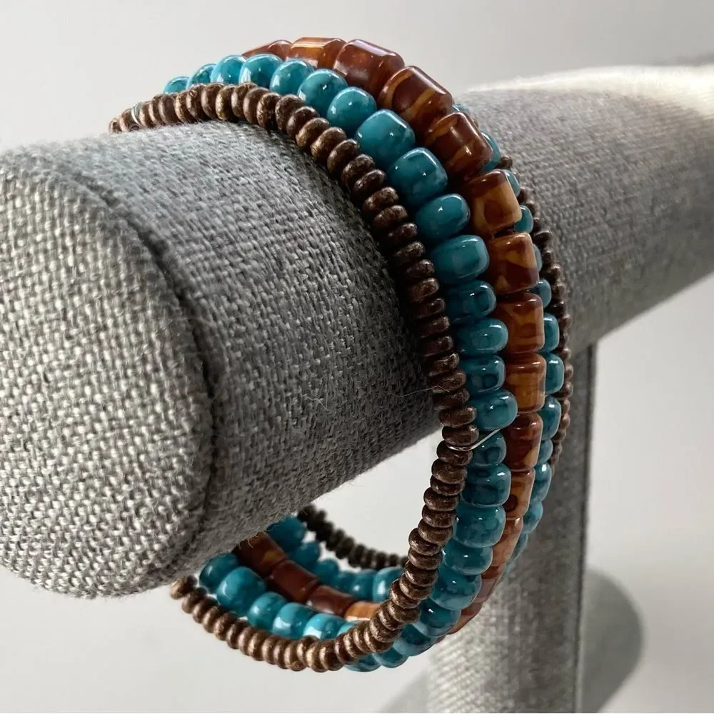 Indian Aztec Wooden Beaded Bracelet Teal Turquoise Brown Metal Stretch